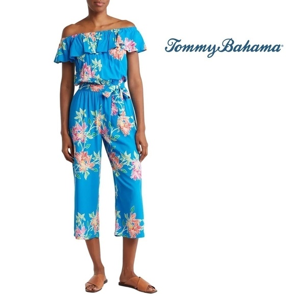 Tommy Bahama Cropped Romper Jumpsuit Sun Lilies Floral Azure Blue Ruffles M-L - Picture 2 of 12